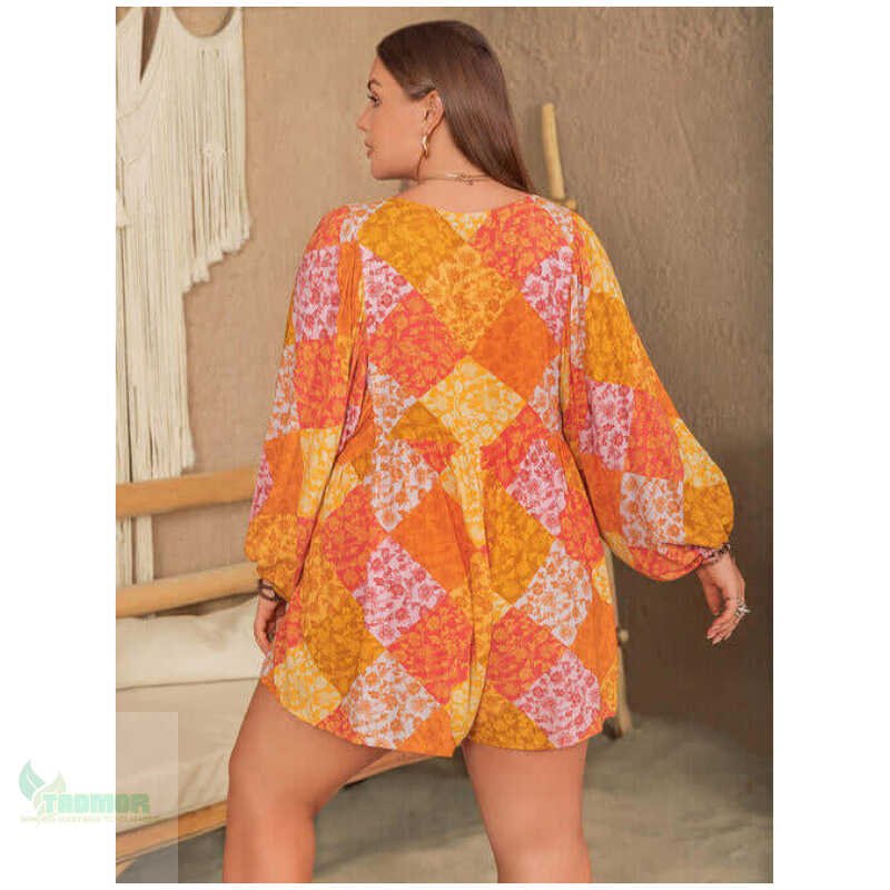 Plus Size Floral Tie Neck Balloon Sleeve Romper - Image 10