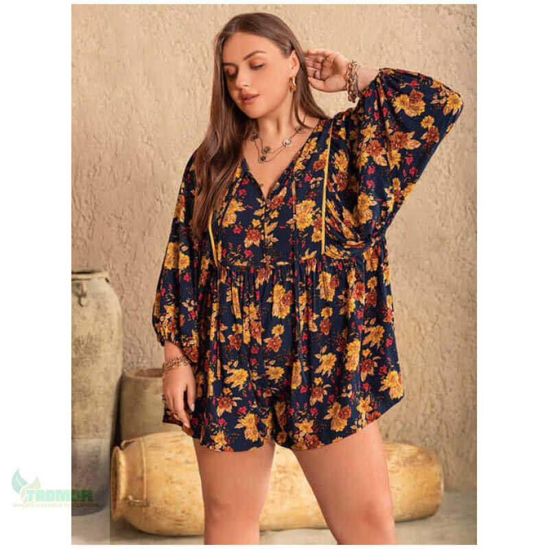 Plus Size Floral Tie Neck Balloon Sleeve Romper - Image 2