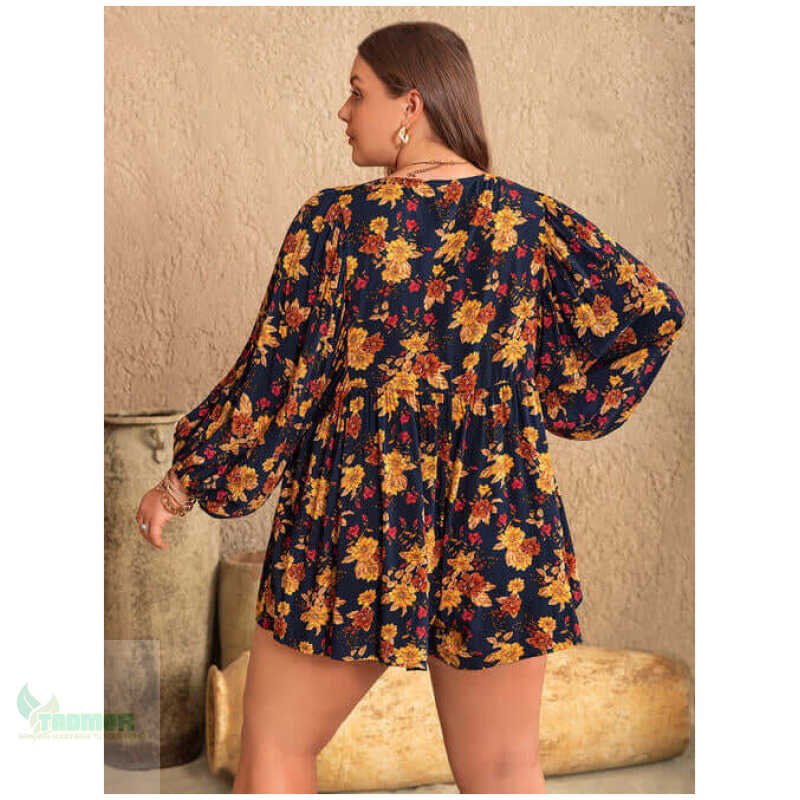 Plus Size Floral Tie Neck Balloon Sleeve Romper - Image 7