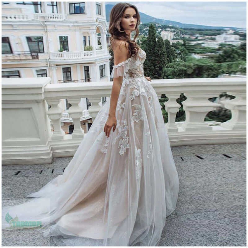 LORIE Champagne Boho Wedding Dress 2020 Lace Appliques Tulle Backless