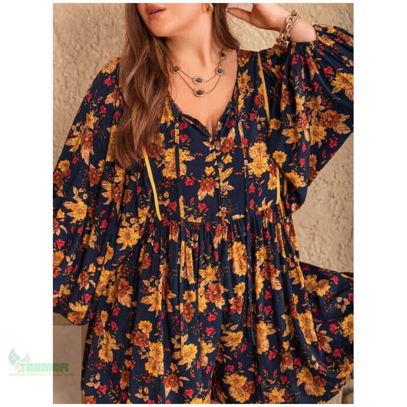 Plus Size Floral Tie Neck Balloon Sleeve Romper - Image 5