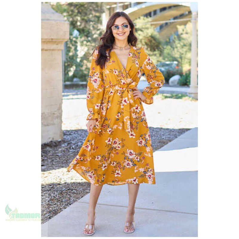 Double Take Full Size Floral Tie Back Flounce Sleeve Dress