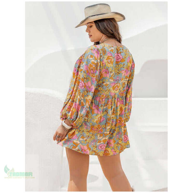 Plus Size Floral Tie Neck Balloon Sleeve Romper - Image 14