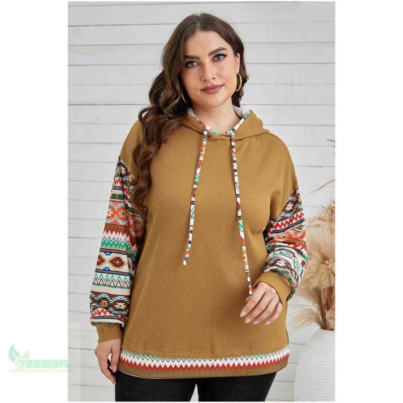 Plus Size Printed Side Slit Waffle-Knit Hoodie - Image 3