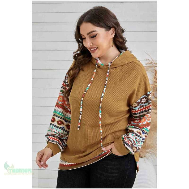 Plus Size Printed Side Slit Waffle-Knit Hoodie - Image 4