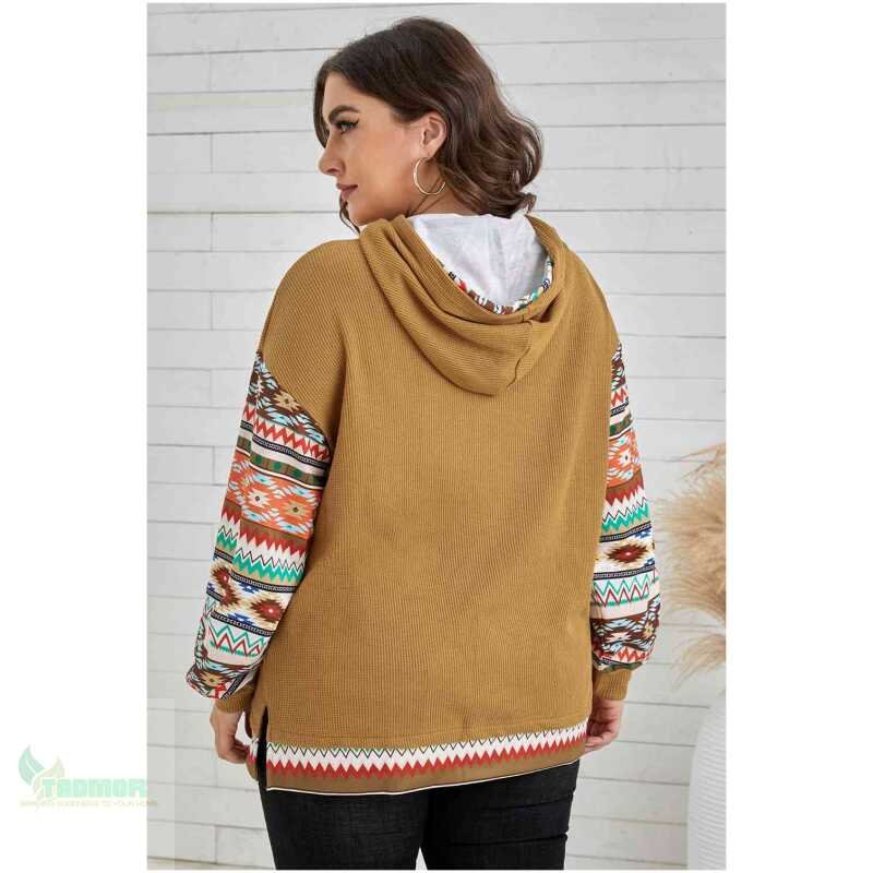 Plus Size Printed Side Slit Waffle-Knit Hoodie - Image 2