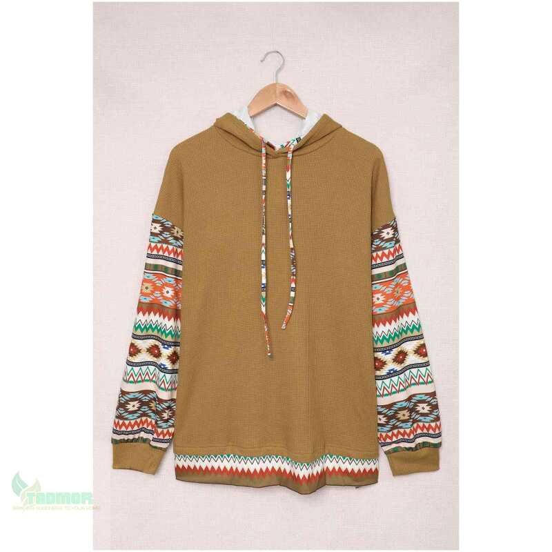 Plus Size Printed Side Slit Waffle-Knit Hoodie - Image 6