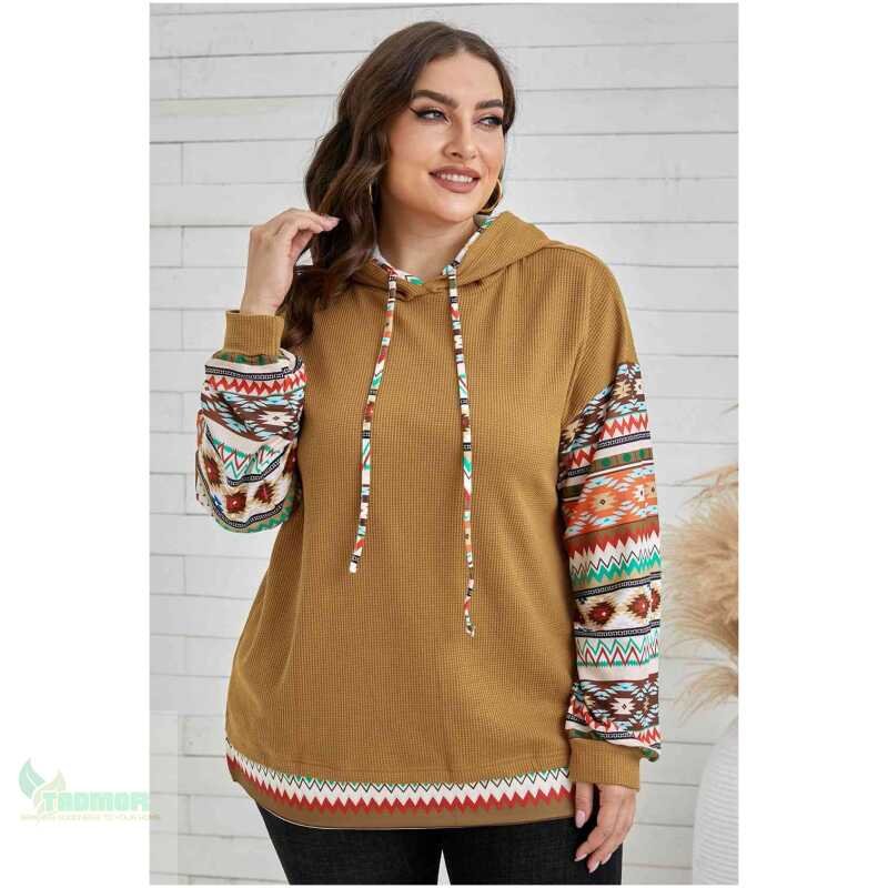 Plus Size Printed Side Slit Waffle-Knit Hoodie