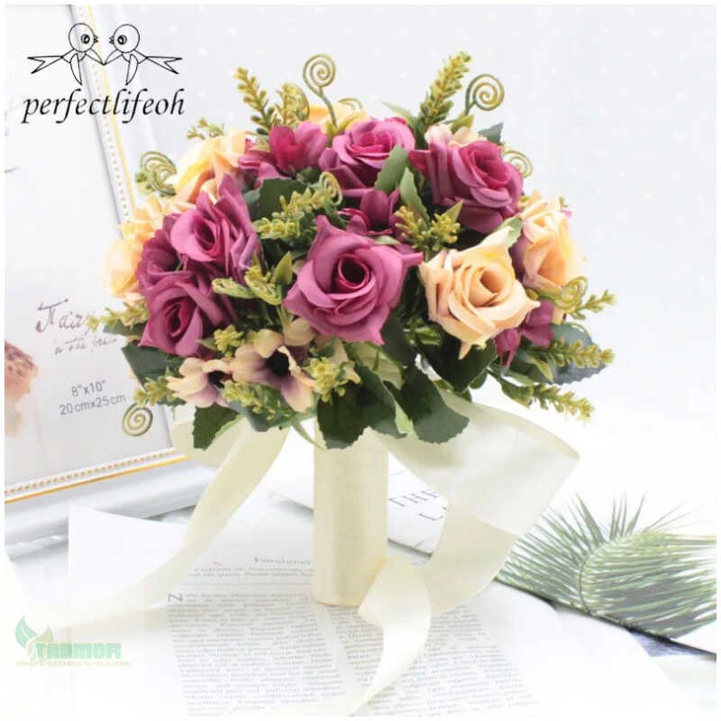 Holding Flowers Artificial Natural Rose Wedding Bouquet with Silk Satin Ribbon Pink White Champagne Bridesmaid Bridal Party - Image 5