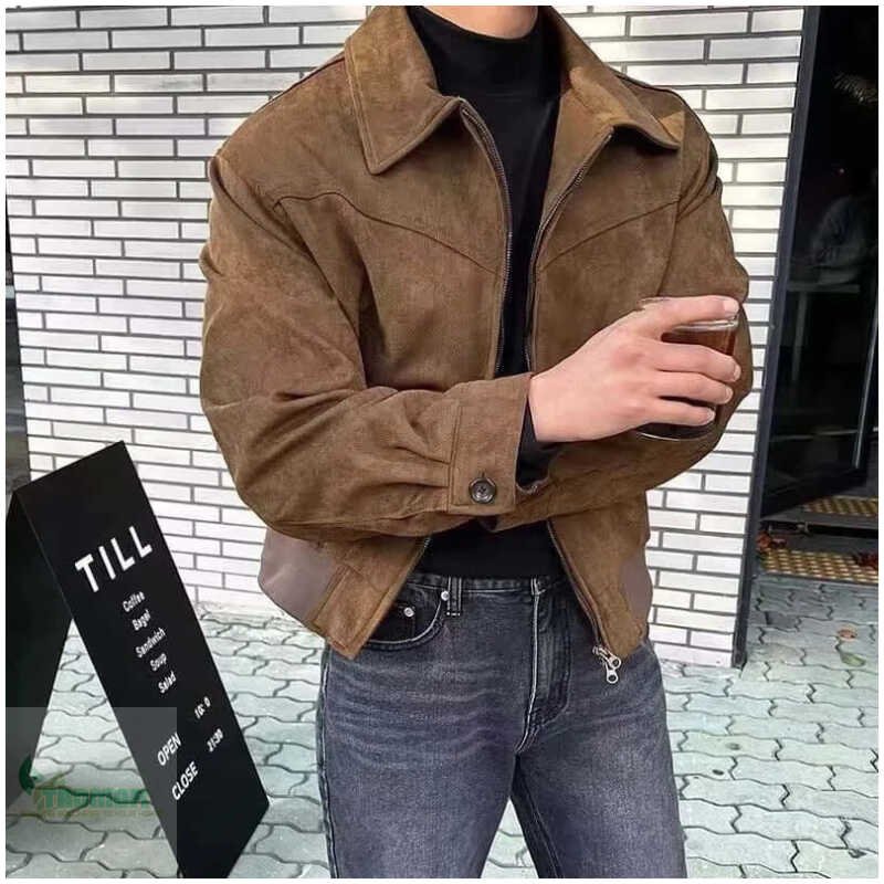 Elegant Solid Brown Coat Men's Spring Autumn High-end Loose Lapel Plush Top Winter Zipper - Image 2