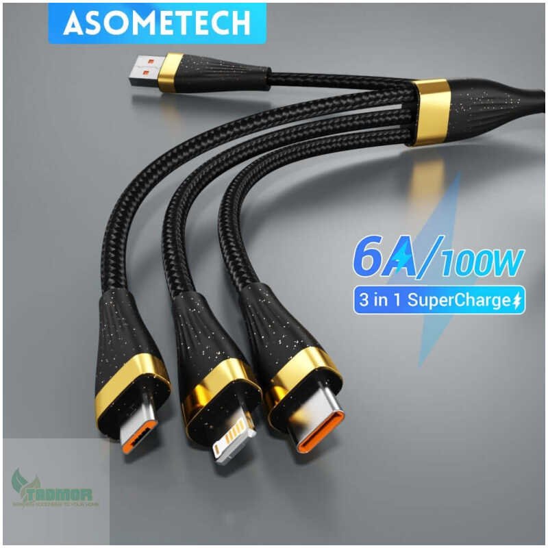 SOMETECH 3-in-1 USB Charge Cable 6A 100W: Huawei/Honor, iPhone 14, Samsung - Image 2