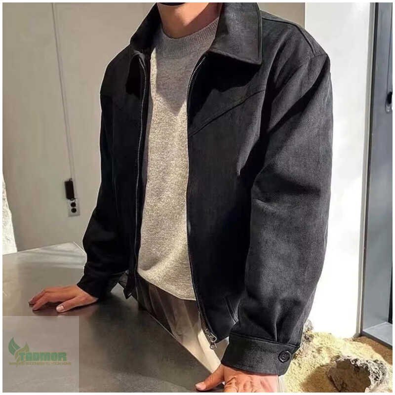 Elegant Solid Brown Coat Men's Spring Autumn High-end Loose Lapel Plush Top Winter Zipper - Image 4