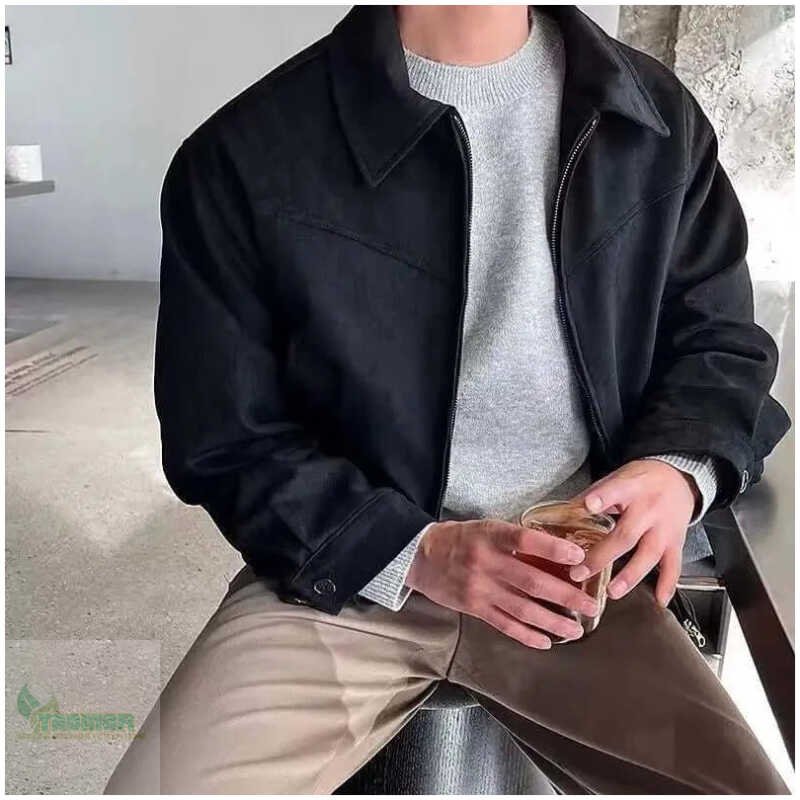 Elegant Solid Brown Coat Men's Spring Autumn High-end Loose Lapel Plush Top Winter Zipper - Image 8