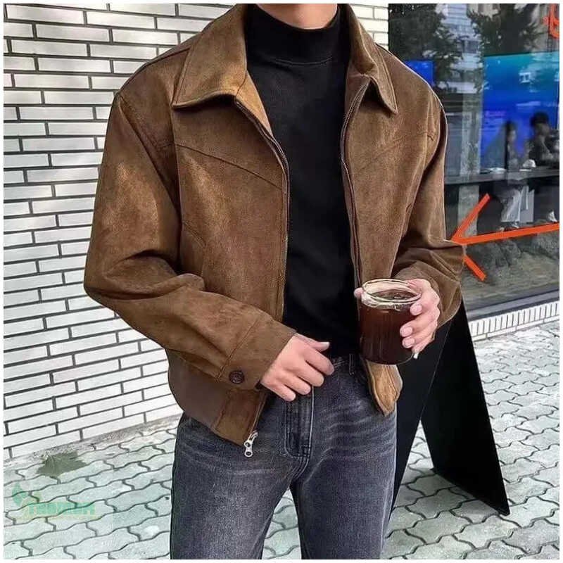 Elegant Solid Brown Coat Men's Spring Autumn High-end Loose Lapel Plush Top Winter Zipper - Image 7