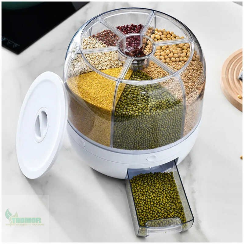 360 Degree Rotating Rice Dispenser Sealed Dry Cereal Grain Bucket Dispenser Moisture-proof Kitchen Food Container Storage Box - Image 2