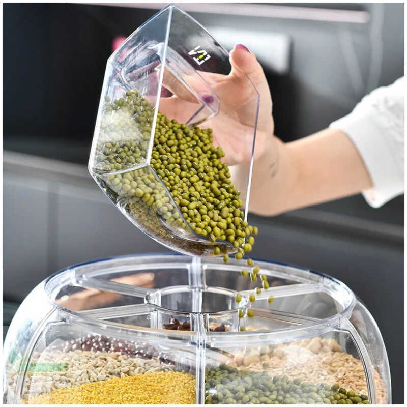 360 Degree Rotating Rice Dispenser Sealed Dry Cereal Grain Bucket Dispenser Moisture-proof Kitchen Food Container Storage Box - Image 4