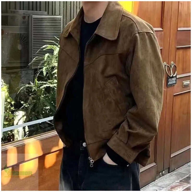 Elegant Solid Brown Coat Men's Spring Autumn High-end Loose Lapel Plush Top Winter Zipper - Image 3