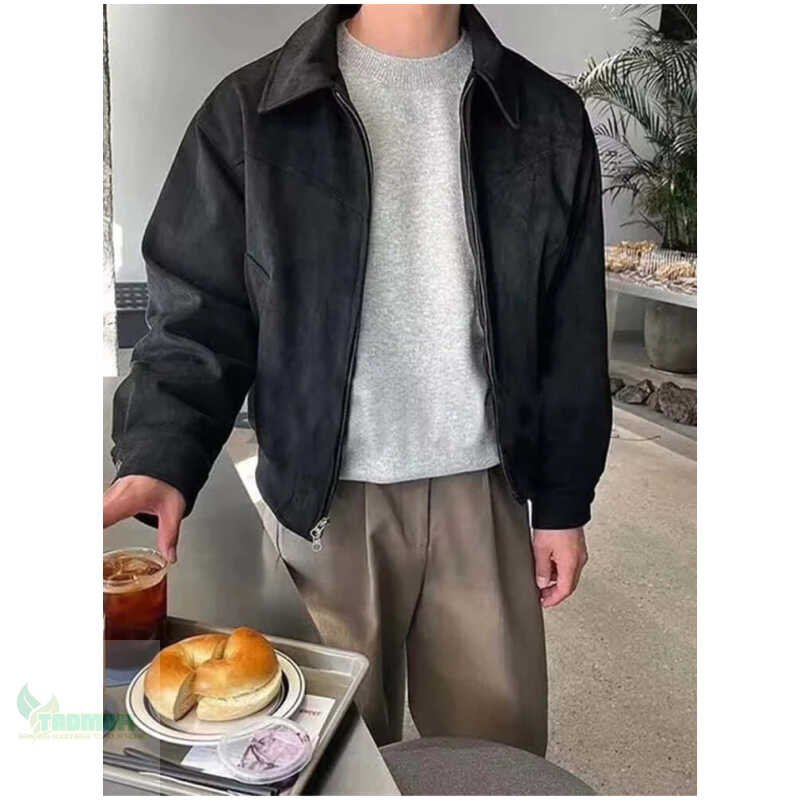 Elegant Solid Brown Coat Men's Spring Autumn High-end Loose Lapel Plush Top Winter Zipper - Image 5