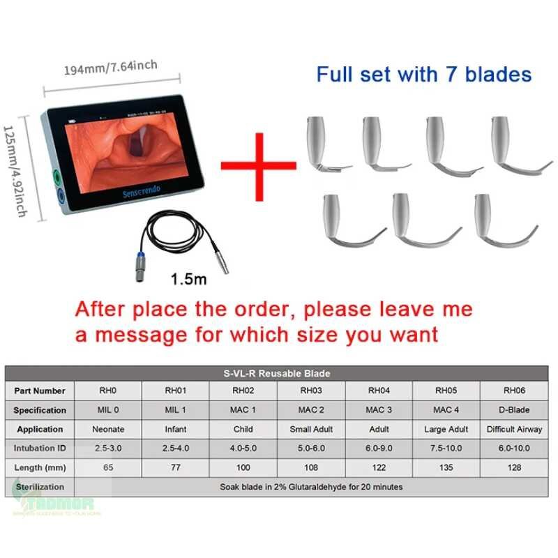 Sensorendo 7-inch Touchscreen Video Laryngoscope with Reusable Blades (MIL0/1/MAC1/2/3/4/D-Blade)for Anesthesia Intubation - Image 2