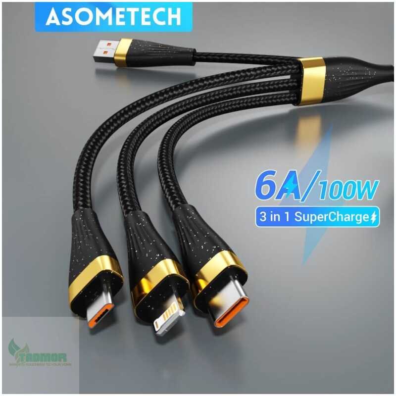 SOMETECH 3-in-1 USB Charge Cable 6A 100W: Huawei/Honor, iPhone 14, Samsung