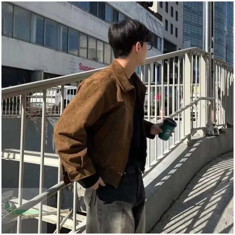 Elegant Solid Brown Coat Men's Spring Autumn High-end Loose Lapel Plush Top Winter Zipper - Image 6