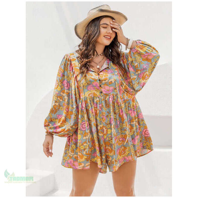 Plus Size Floral Tie Neck Balloon Sleeve Romper - Image 13