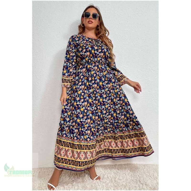 Melo Apparel Plus Size Bohemian Round Neck Maxi Dress