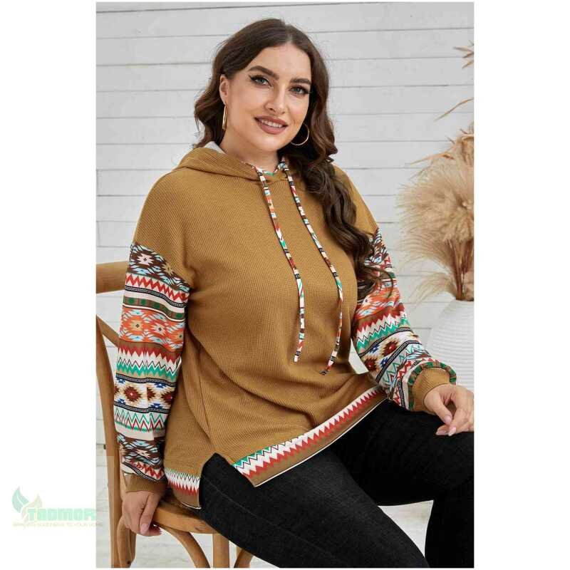 Plus Size Printed Side Slit Waffle-Knit Hoodie - Image 5