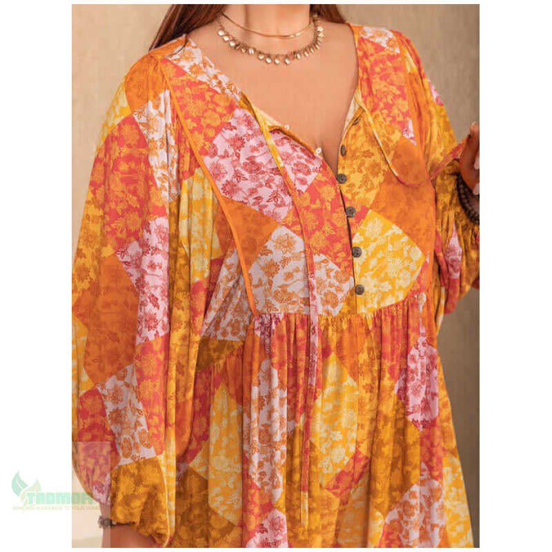 Plus Size Floral Tie Neck Balloon Sleeve Romper - Image 9