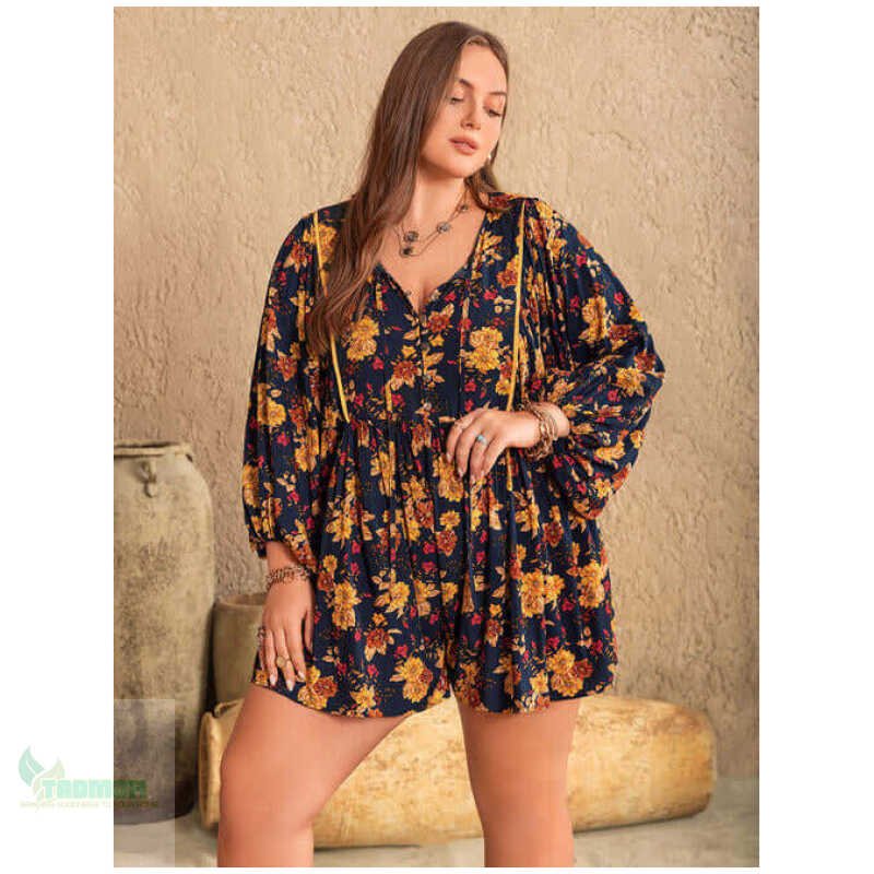Plus Size Floral Tie Neck Balloon Sleeve Romper - Image 3