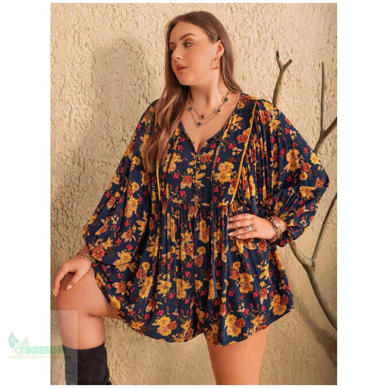 Plus Size Floral Tie Neck Balloon Sleeve Romper
