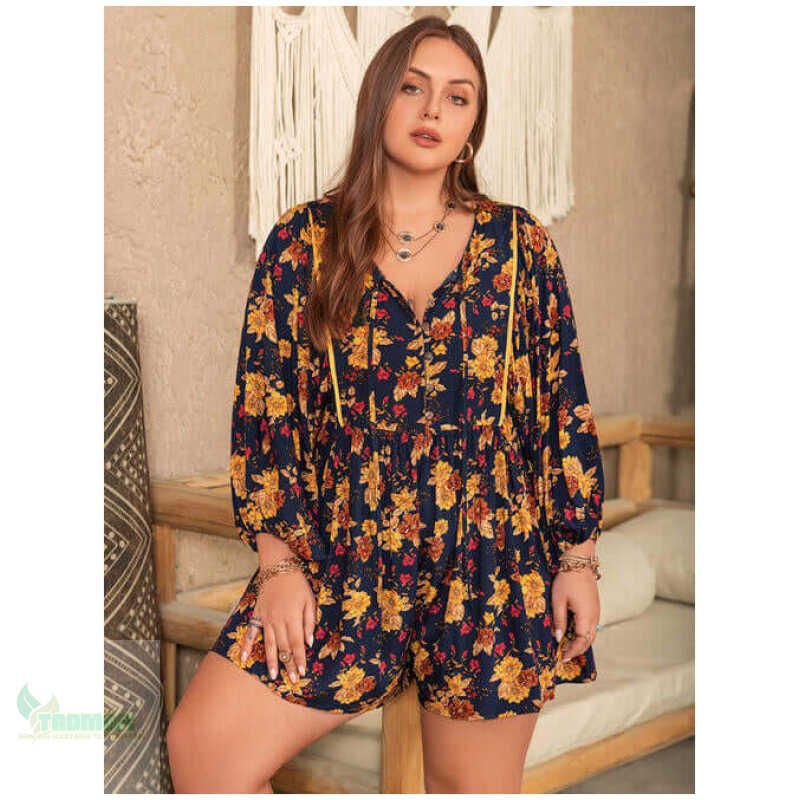 Plus Size Floral Tie Neck Balloon Sleeve Romper - Image 6